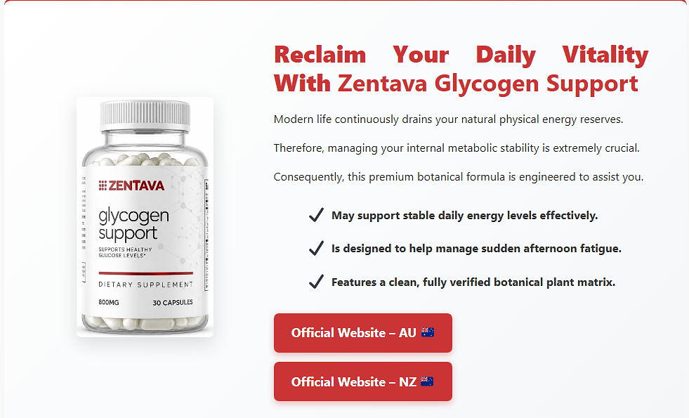 Zentava Glycogen Support supplement bottle with daily vitality benefits